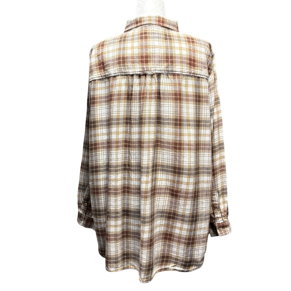 American Eagle Brown Cream Plaid Flannel Boho Button Down Shirt Eyelet Yoke XL - Picture 3 of 7